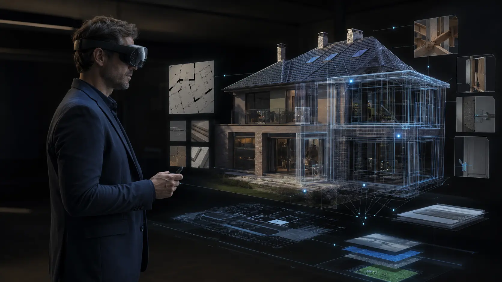 Professional using a spatial-computing headset to examine a property model and supporting evidence