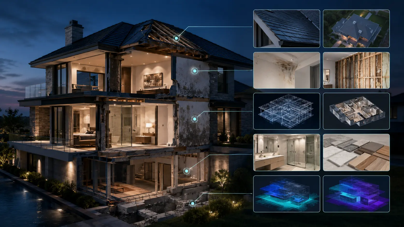 Cutaway property model with physical conditions linked to inspection and construction evidence
